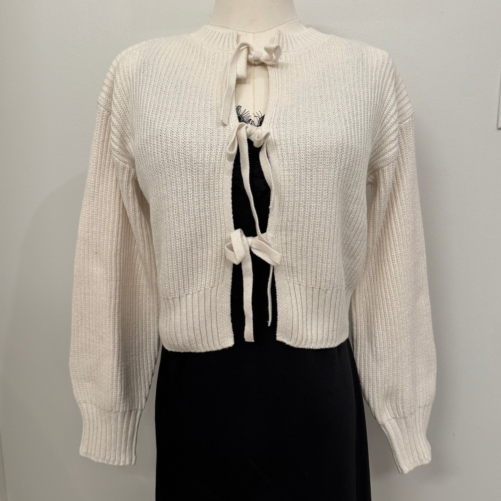 Sincerely Jules Cream Ribbed Tie Front‎ Cropped Cardigan Sweater Small NWT